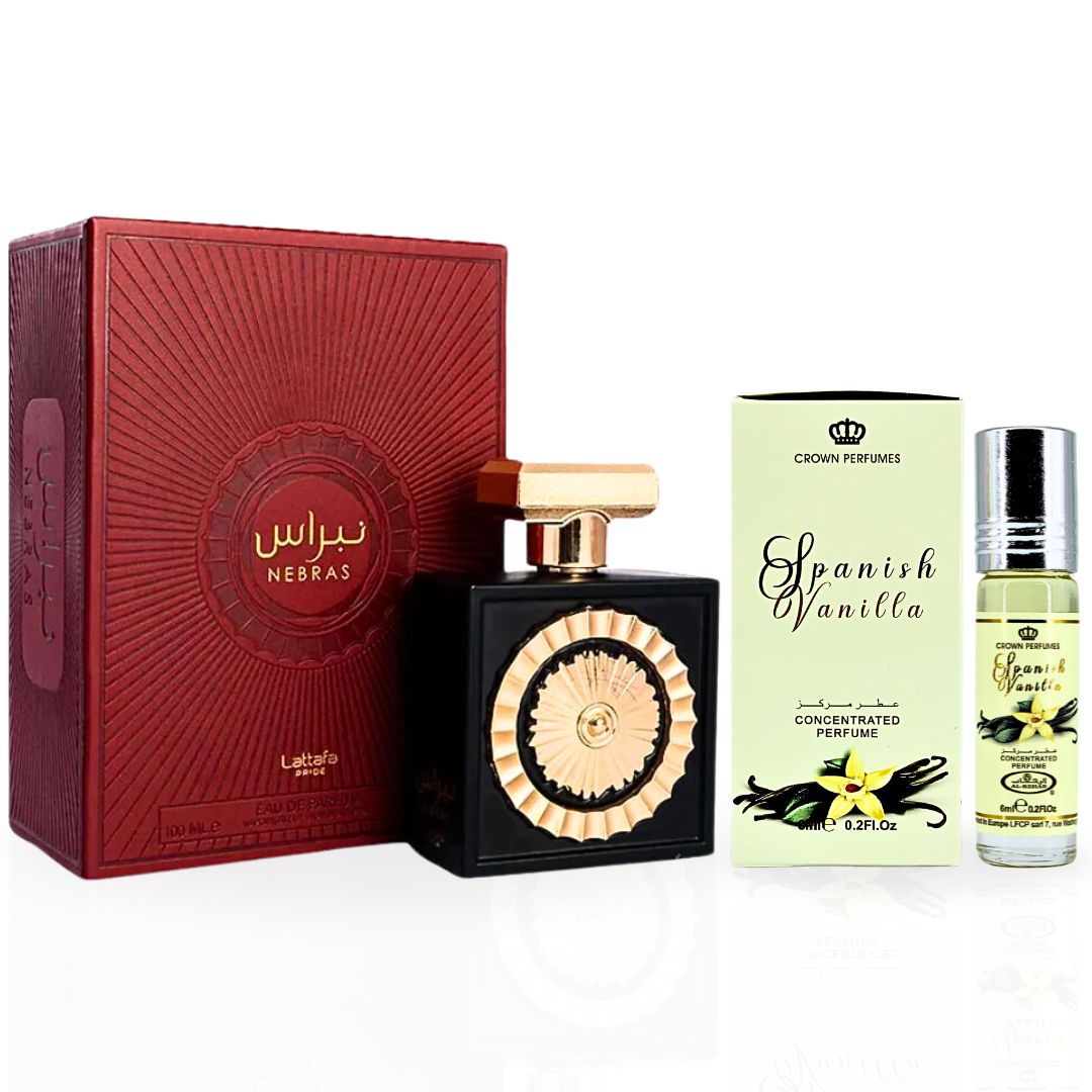 Nebras EDP Spray 100ML (3.4 OZ) By Lattafa Pride & Spanish Vanilla Perfume Oil 6ML (0.2 OZ) By Al Rehab | Soft, Sweet And Irresistibly Captivating. (BUNDLE) - Intense Oud