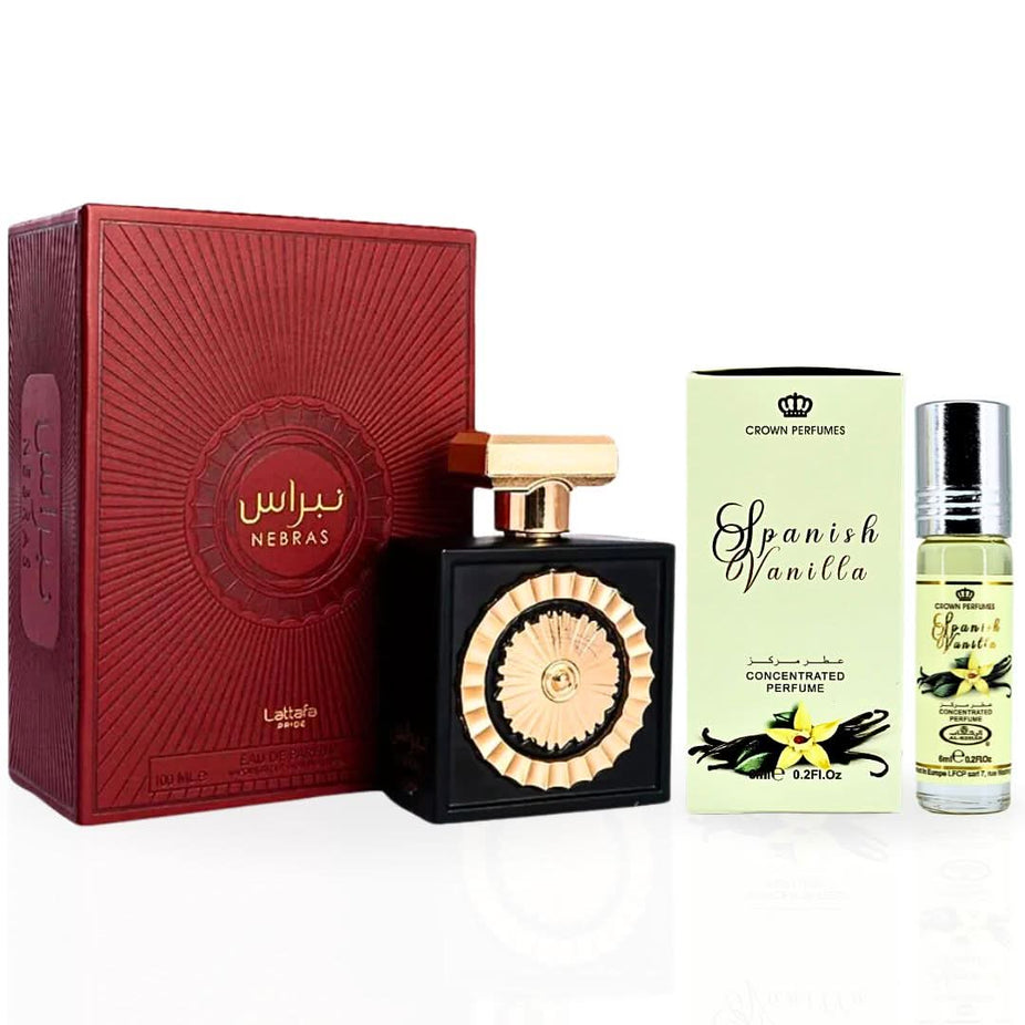 Intense Oud Nebras Eau de Parfum spray with Spanish Vanilla Perfume Oil, 6ml bundle featuring luxurious fragrance bottles.