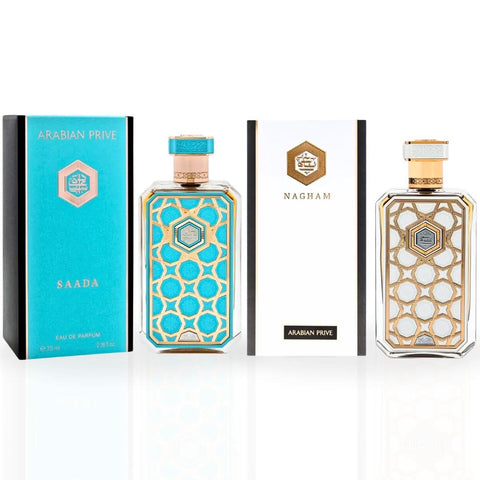 Bundle of Rasasi Arabian Prive Collection Saada & Nagham Eau de Parfum sprays, 70ml bottles, with elegant packaging and branding.