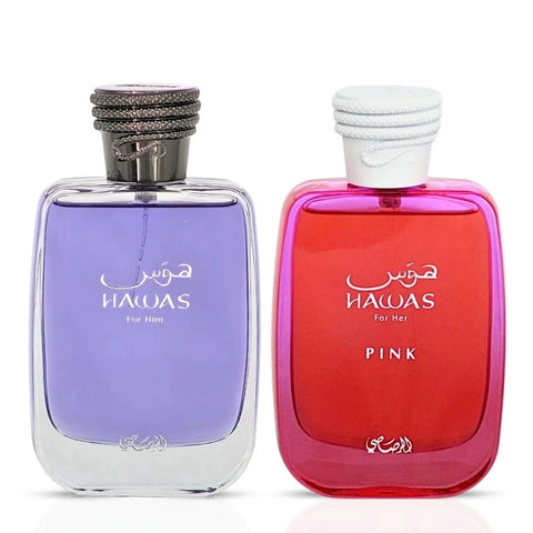 Rasasi Hawas for Him and Hawas Pink for Her 100ml Eau de Parfum sprays in a bundled set, featuring stylish bottles with elegant labels.