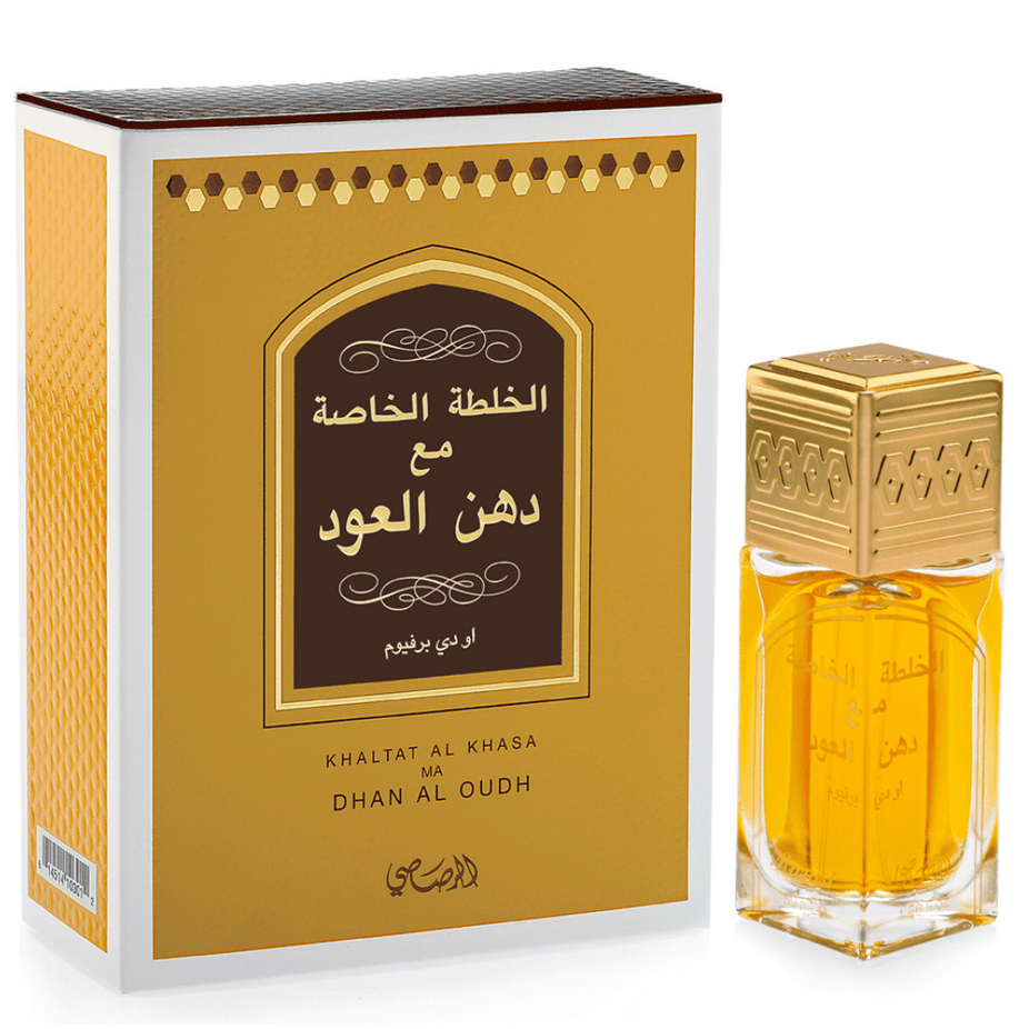 Rasasi Khaltat Al Khasa Ma Dhan Al Oudh Eau de Parfum spray bottle, 50ml, with elegant packaging and perfume design.