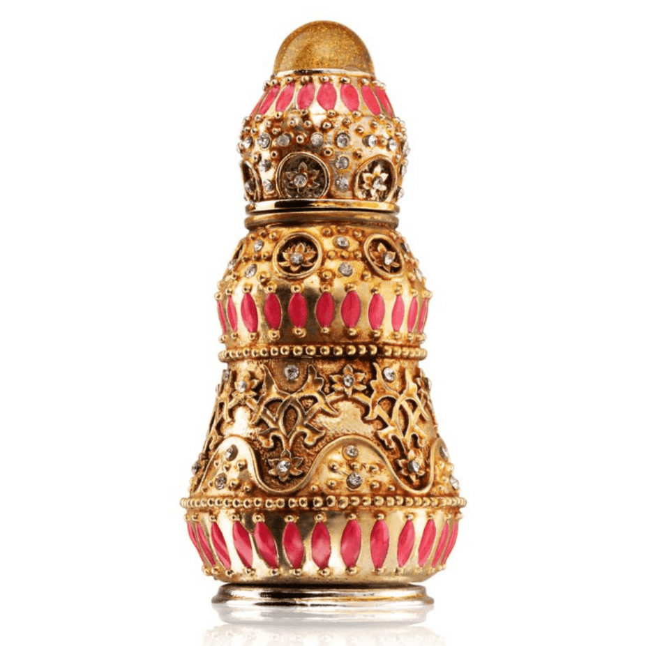 Insherah Gold Perfume Oil by Rasasi, 15ml CPO concentrated perfume oil in a small glass bottle with a gold cap.
