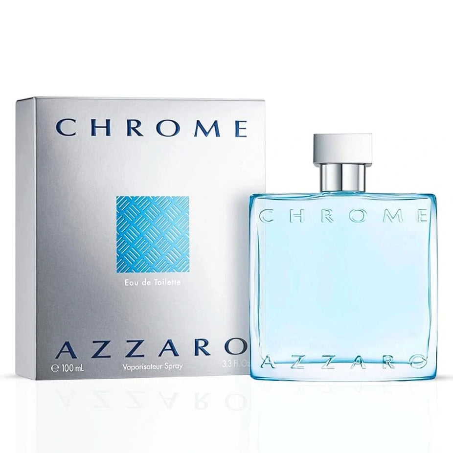 Azzaro Chrome Eau de Toilette spray bottle, 100ml, with sleek chrome design and clear label, shown in a close-up view.