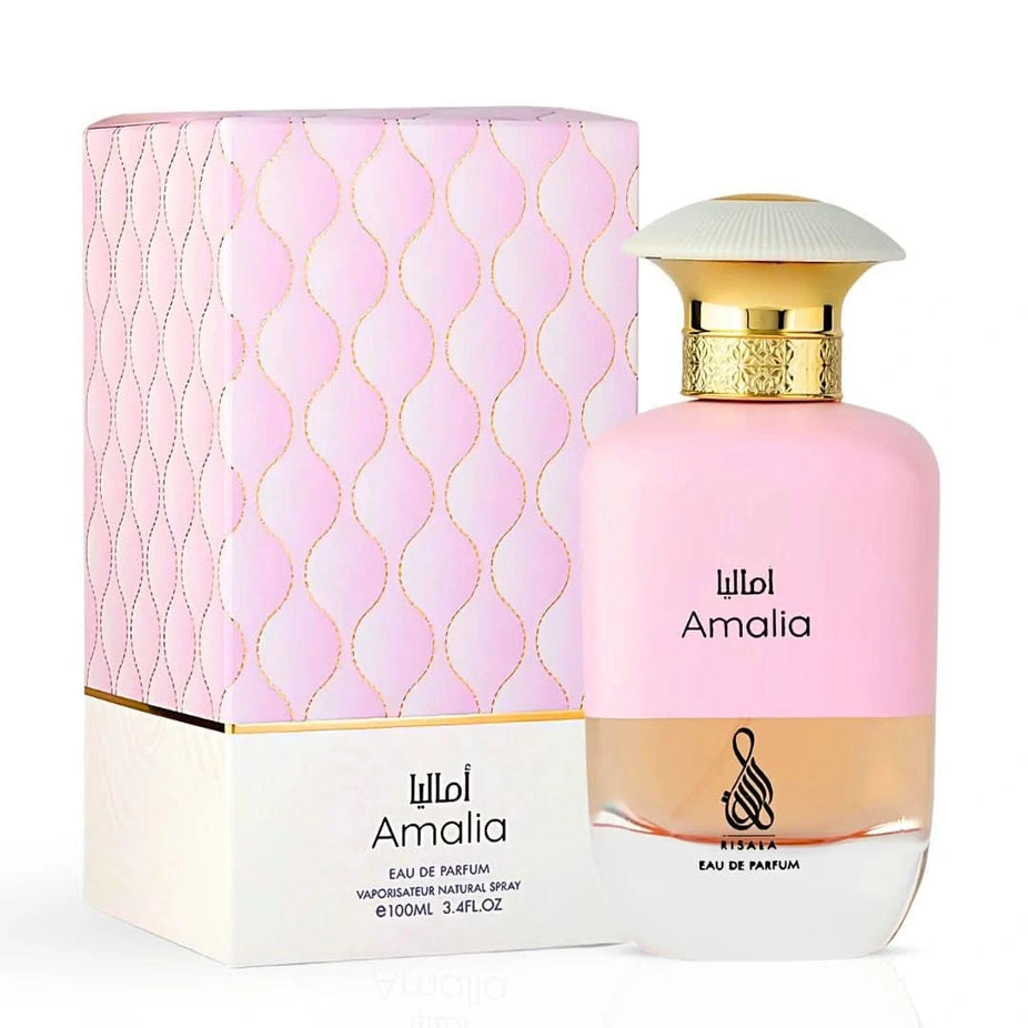 Amalia Eau de Parfum Spray by Elite Risala, 100ml bottle, elegant packaging showcasing the fragrance and design details.