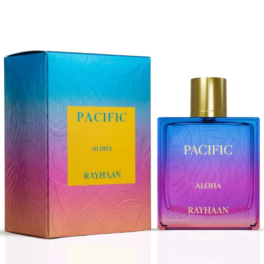Rayhaan Pacific Aloha Eau de Parfum spray 100ml bottle with elegant design, showcasing the Rayhaan brand and packaging.