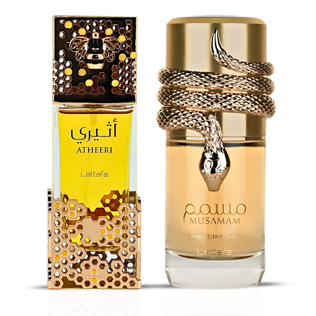 Lattafa Atheeri & Musamam White Intense Eau de Parfum bundle with two 100ml spray bottles, featuring elegant white packaging.