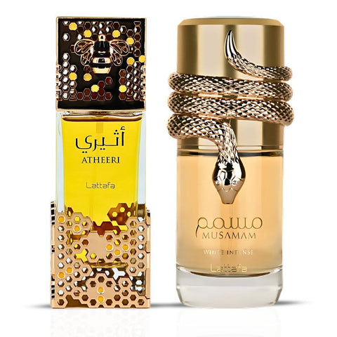 Lattafa Atheeri & Musamam White Intense Eau de Parfum bundle with two 100ml spray bottles, featuring elegant white packaging.