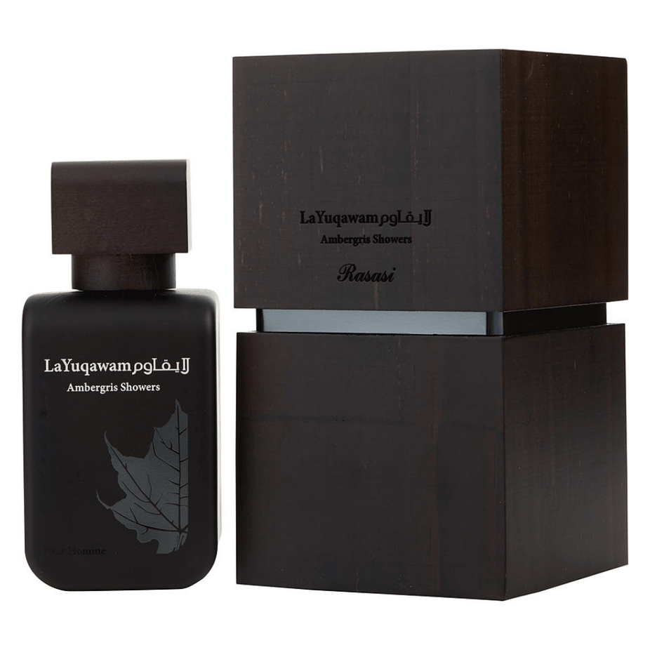 Rasasi La Yuqawam Ambregris Eau de Parfum spray bottle, 75ml, featuring elegant packaging and fragrance details.