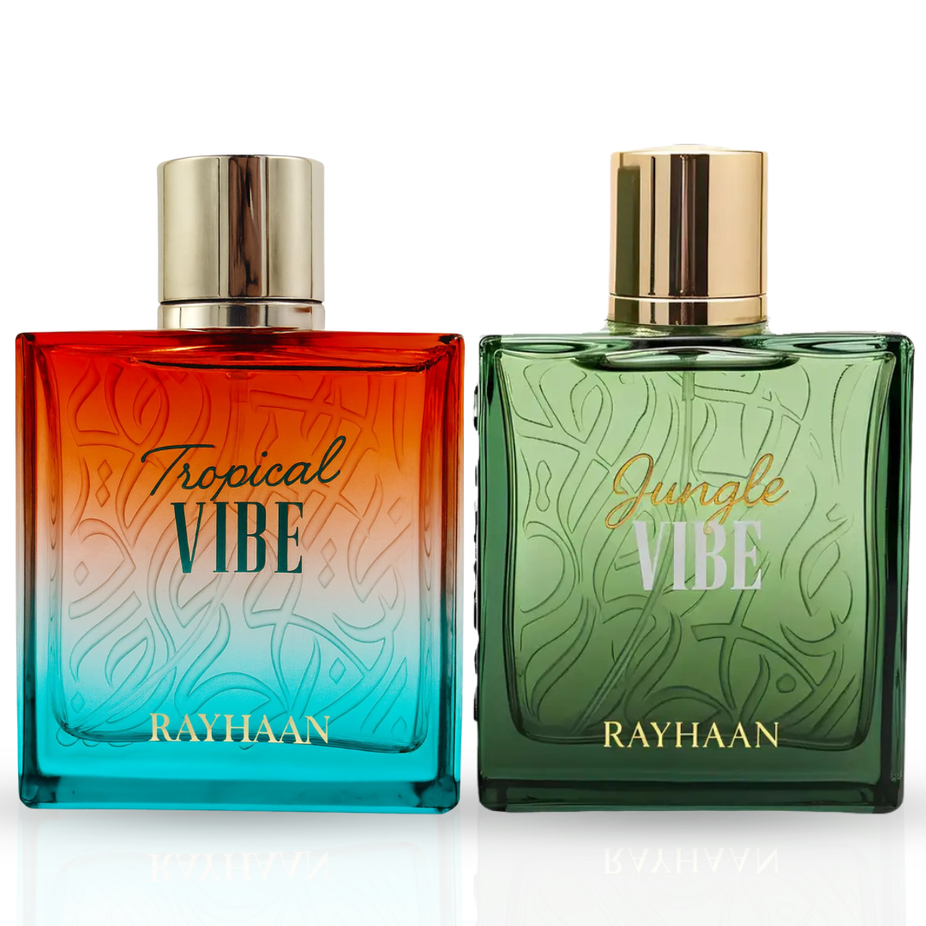 Rayhaan Tropical and Jungle Vibe Eau de Parfum Spray bundle, 100ml, featuring vibrant tropical and jungle-inspired fragrance bottles.