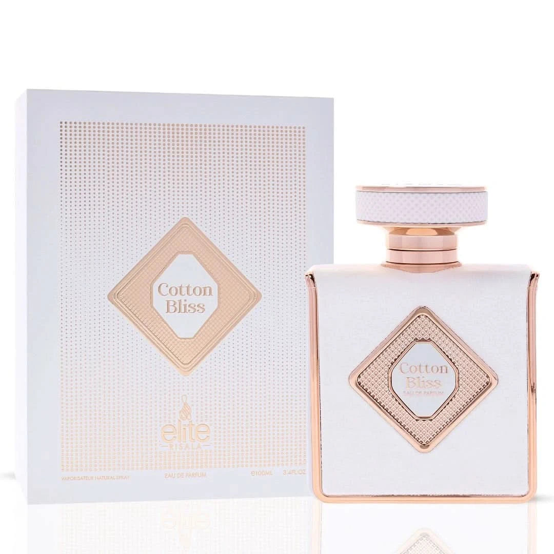 Elite Risala Cotton Bliss Eau de Parfum spray 100ml bottle, elegant design and branding visible.