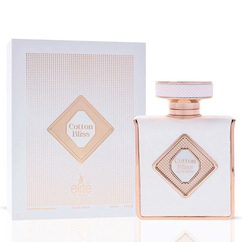 Elite Risala Cotton Bliss Eau de Parfum spray 100ml bottle, elegant design and branding visible.