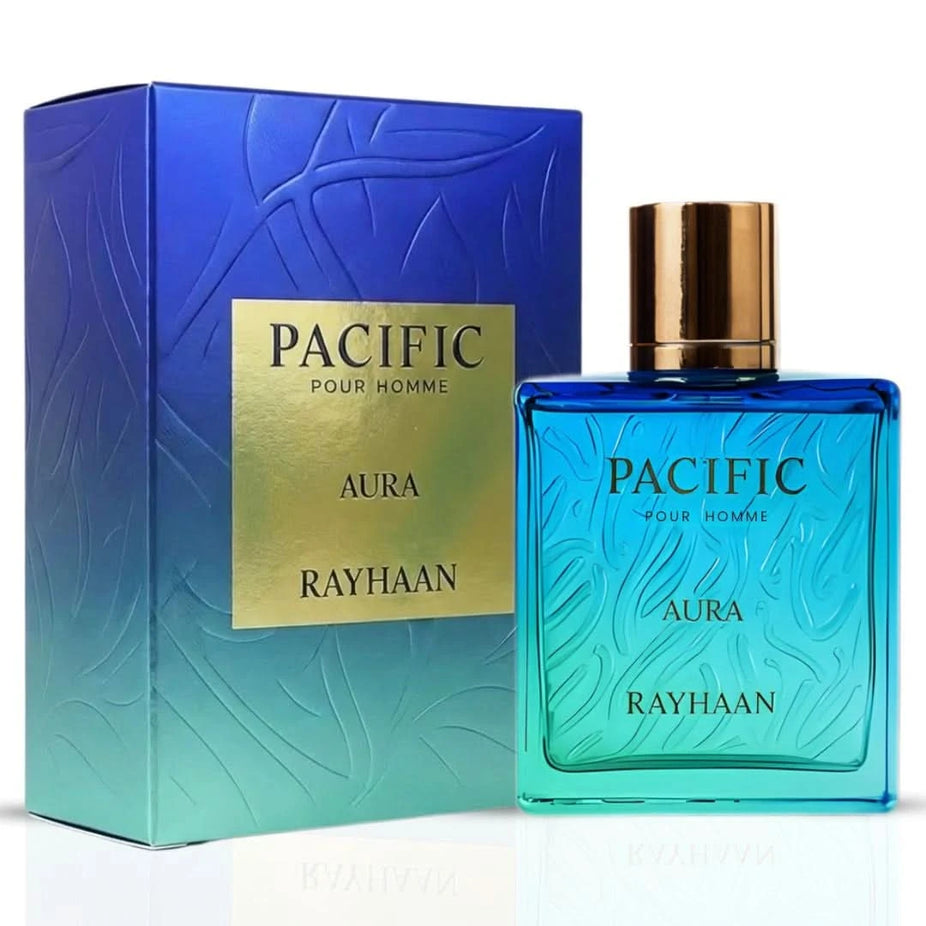 Rayhaan Pacific Aura Eau de Parfum spray 100ml bottle with sleek design and elegant packaging.