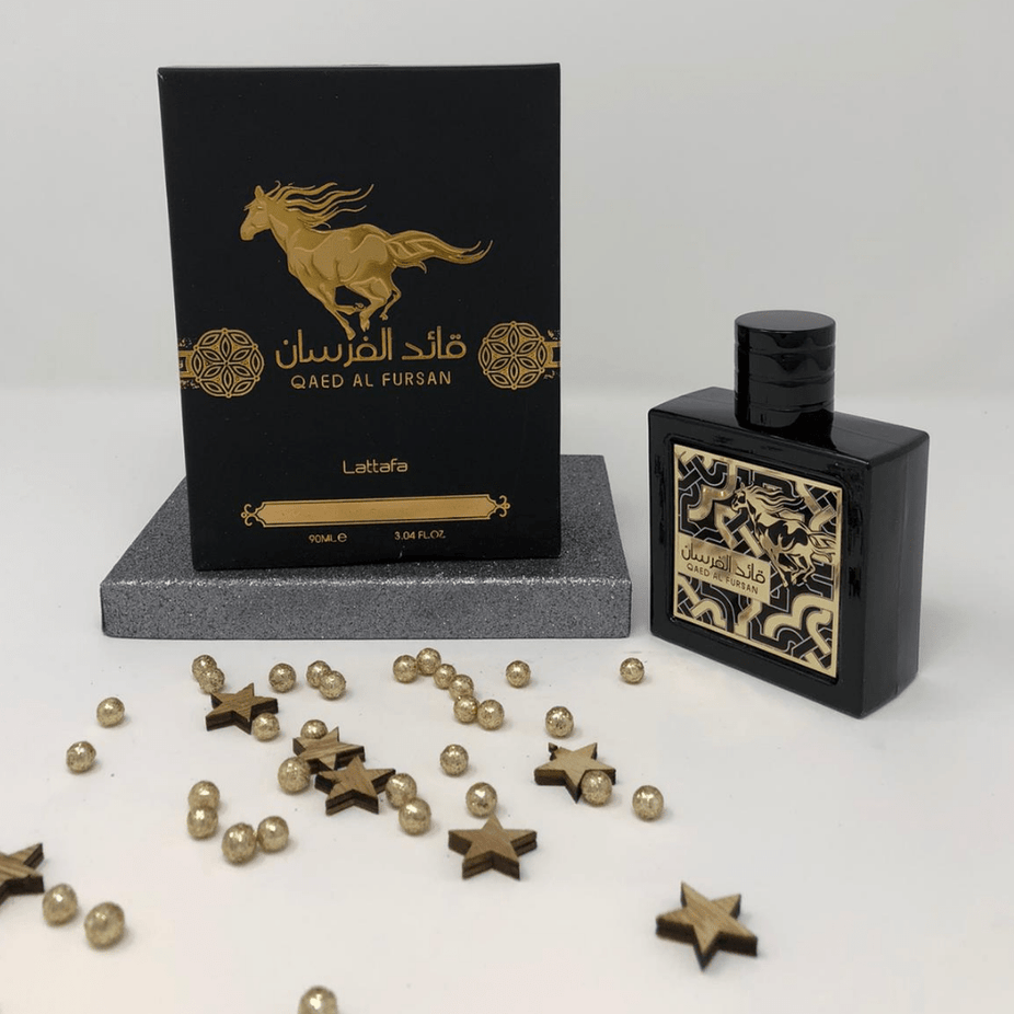 Qaed Al Fursan Eau de Parfum spray by Lattafa, 90ml bottle with ornate cap and elegant packaging.