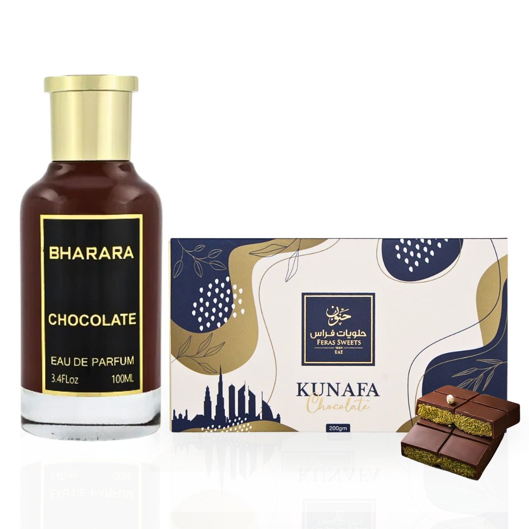 Bharara Chocolate EDP Spray 100ML (3.4 OZ) By BHARARA & Dubai Kunafa Chocolate Bar 200GMS By Feras Sweets | A Duo Of Rich Fragrance And Decadent Chocolate. (BUNDLE) - Intense Oud