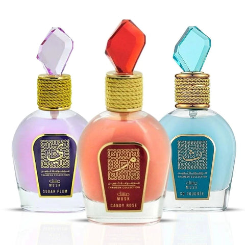 Lattafa Candy Rose, Musk So Poudrée & Sugar Plum Eau de Parfum bundle, 100ml, featuring elegant perfume spray bottles.