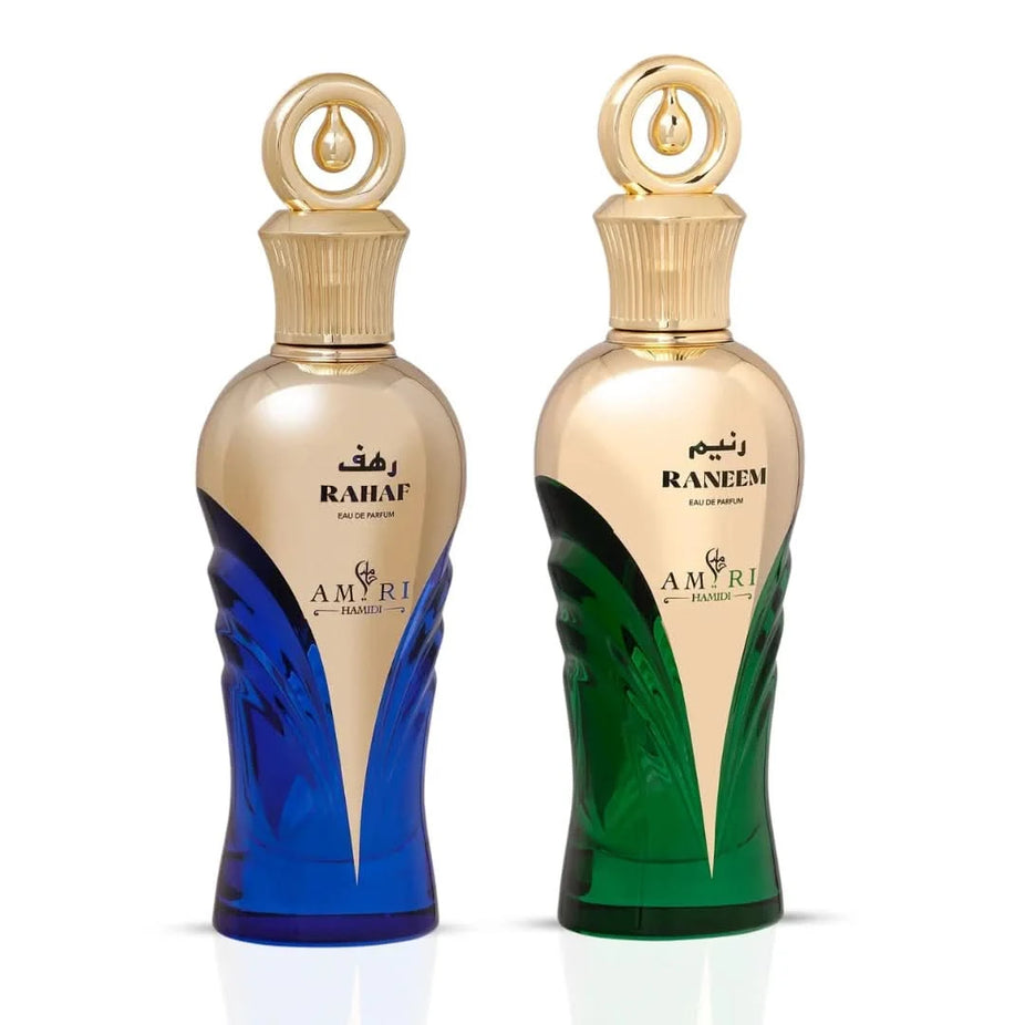Hamidi Amiri Rahaf and Raneem Eau de Parfum sprays in a 100ml bundle, showing two elegant perfume bottles with decorative caps.