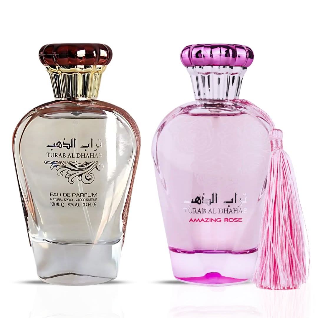 Bundle of Ard Al Zaafaran Turab Al Dhabab and Turab Al Dhahab Rose Eau de Parfum sprays, 100ml bottles, with floral packaging.