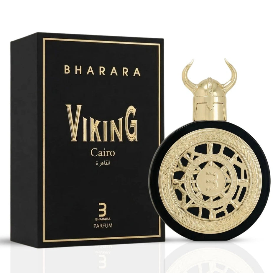 Bharara Viking Cairo Eau De Parfum spray bottle, 100ml, with sleek black design and gold accents, by Bharara.