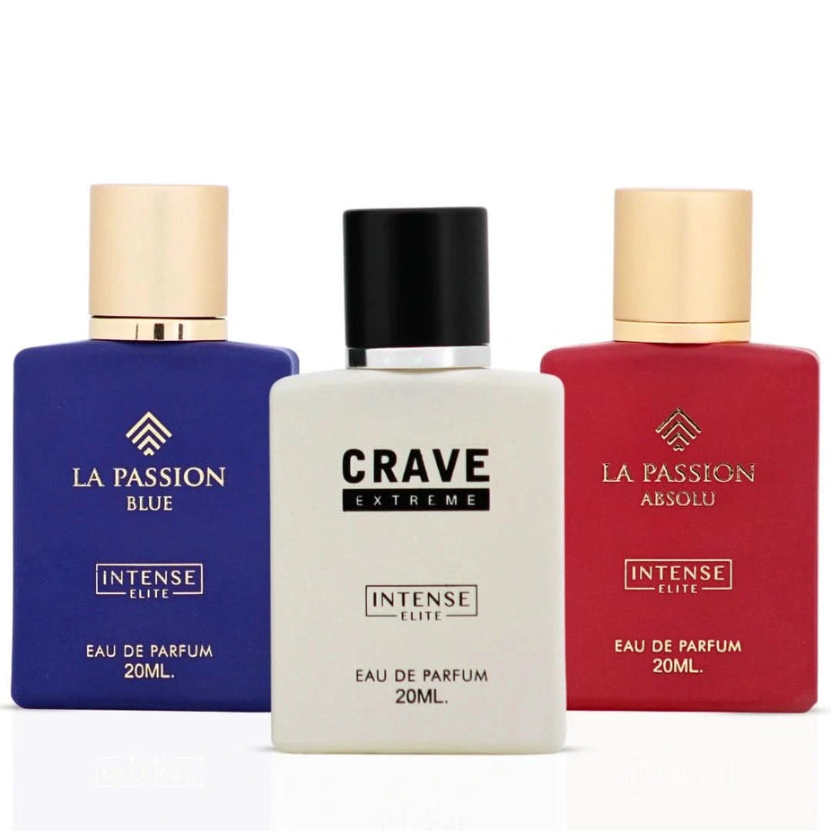Bundle of three Intense Elite La Passion Blue, La Passion Absolu, and Crave Extreme Eau de Parfum sprays in 20ml bottles.