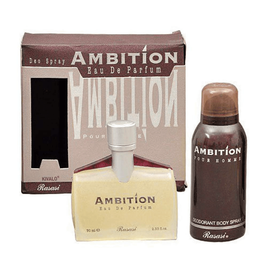 Rasasi Ambition for Men Eau De Parfum 70ml and Deodorant 150ml bottles with sleek packaging and modern design.