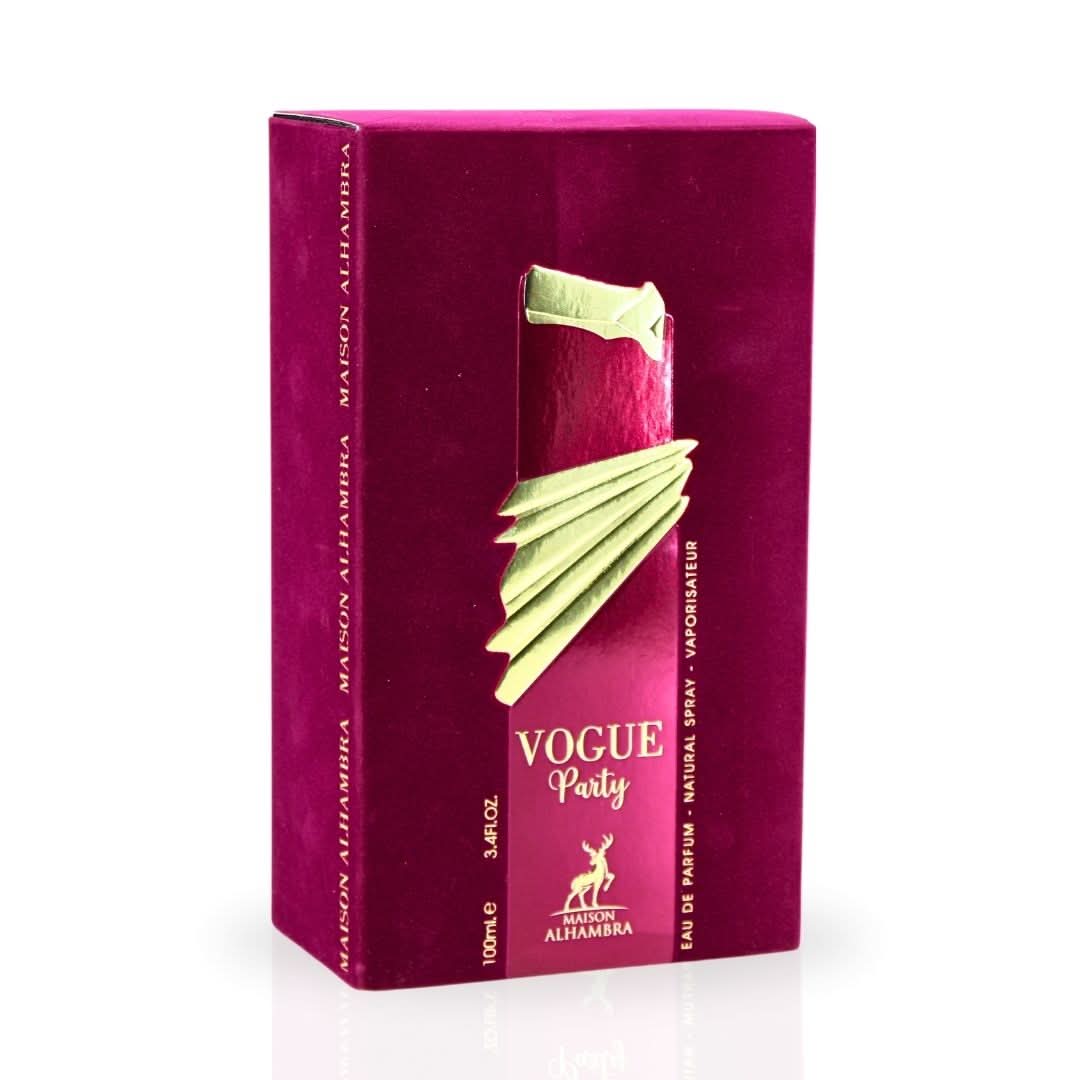 Maison Alhambra Vogue Party Eau de Parfum spray 100ml bottle with elegant packaging and fragrance details.