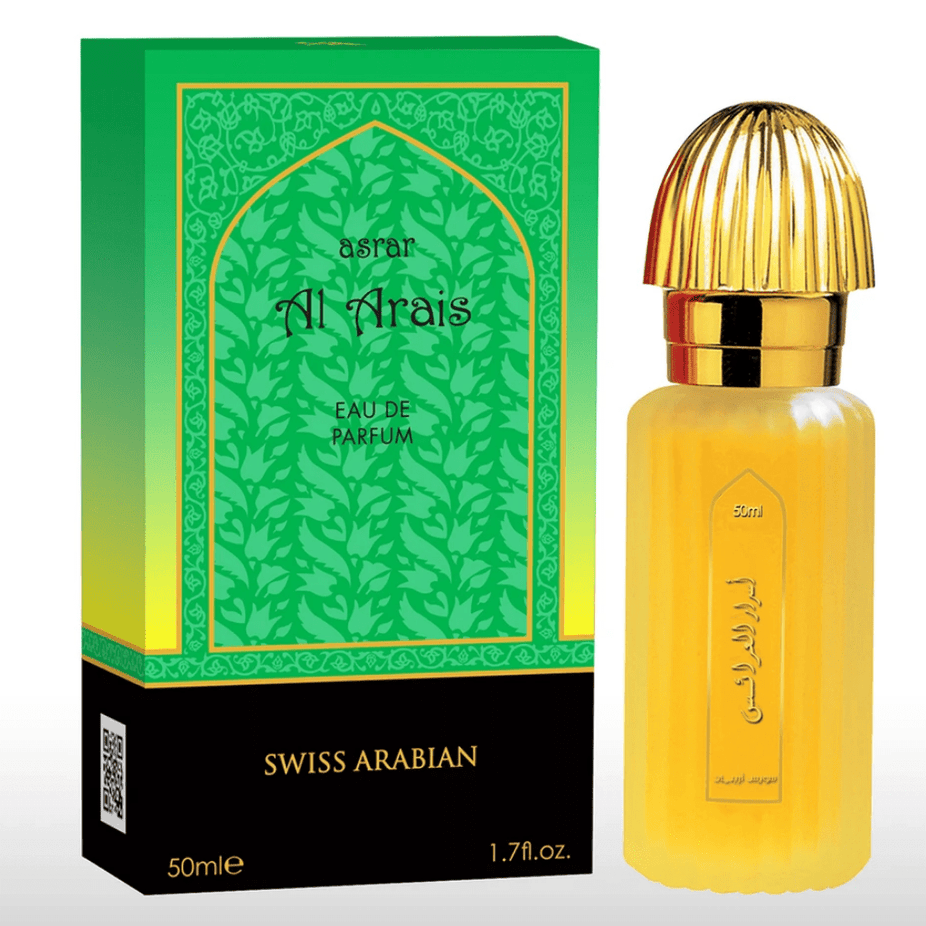 Swiss Arabian Asrar Al Arais 50ml Eau De Parfum bottle with elegant design and floral fragrance details.