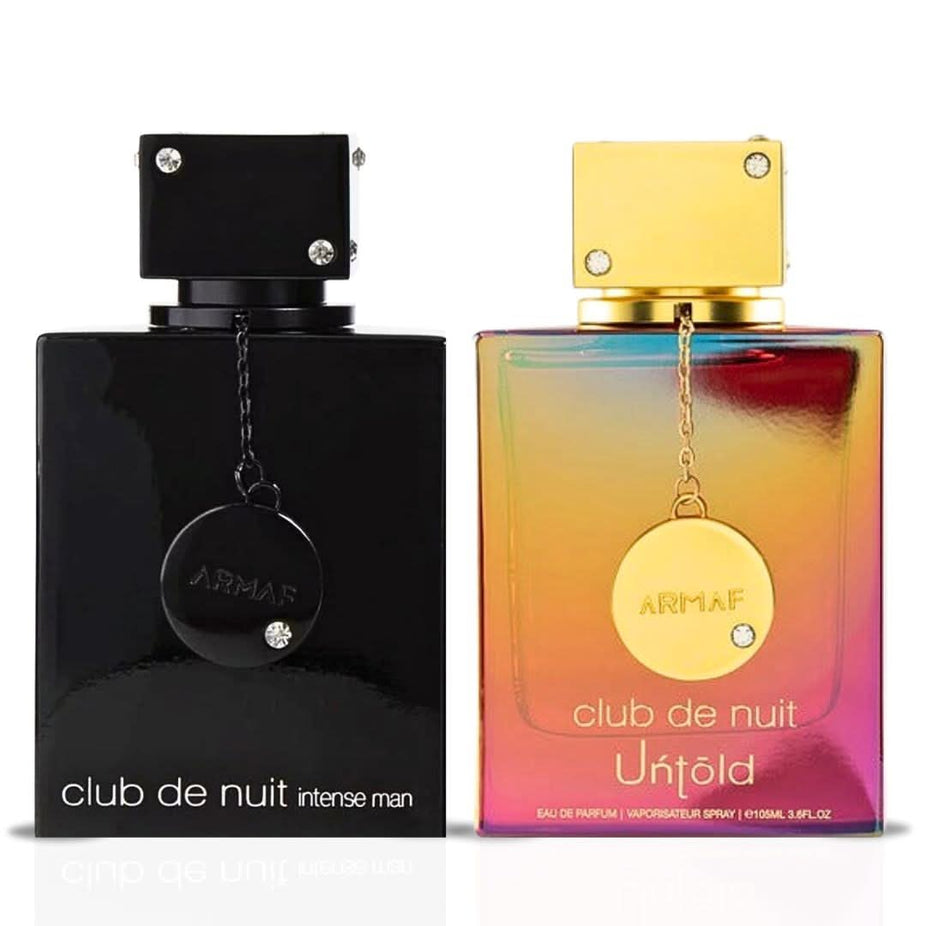 Bundle of Armaf Club De Nuit Intense for Men EDT and Untold EDP sprays, 105ml bottles, featuring sleek packaging and spray nozzles.