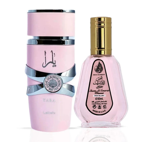 Bundle of Intense Oud Yara Eau de Parfum 100ml by Lattafa and Pink Blush Shams Al Emarat Khususi 50ml by Ard Al Zaafaran.