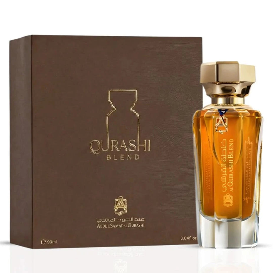 Al Qurashi Blend Eau de Parfum by ASQ in 90ml bottle, featuring elegant perfume bottle with intricate design and gold accents.