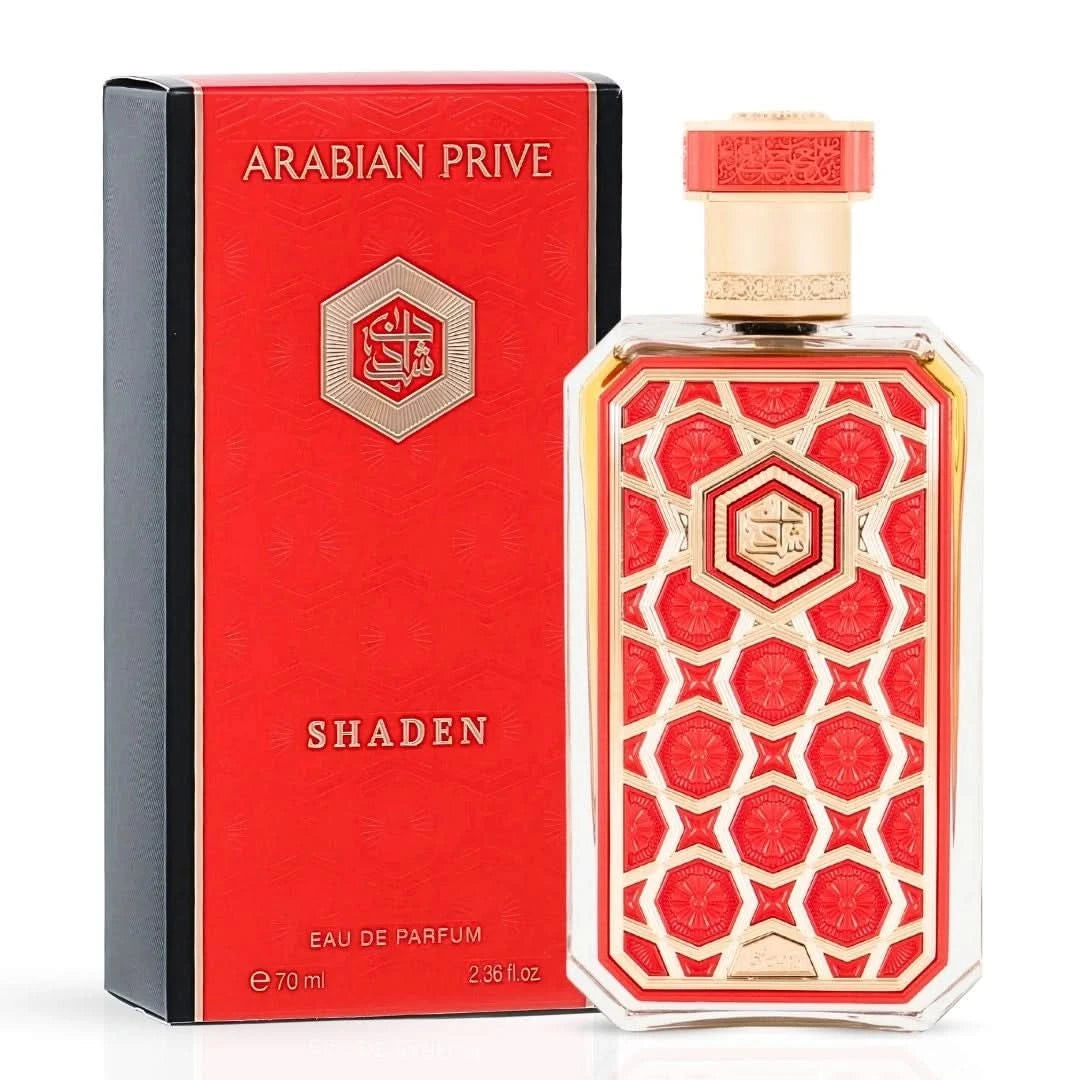 Arabian Prive Collection Shaden Eau de Parfum Spray by Rasasi, 70ml bottle with elegant packaging and perfume liquid inside.