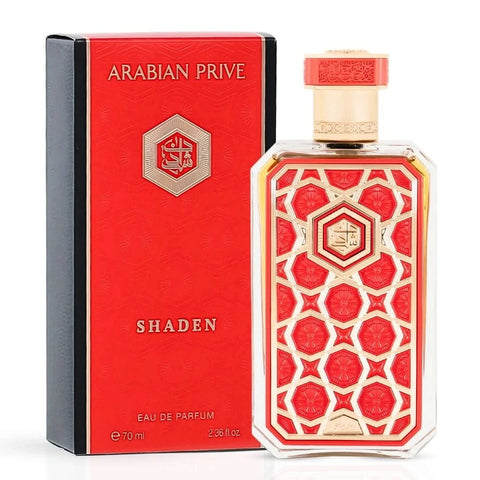 Arabian Prive Collection Shaden Eau de Parfum Spray by Rasasi, 70ml bottle with elegant packaging and perfume liquid inside.