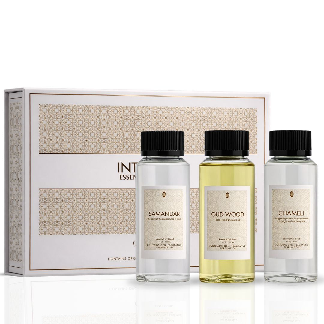 Intense Oud Intense Essential Oils Classic gift set with concentrated perfume oils in elegant bottles, showcasing luxurious packaging.