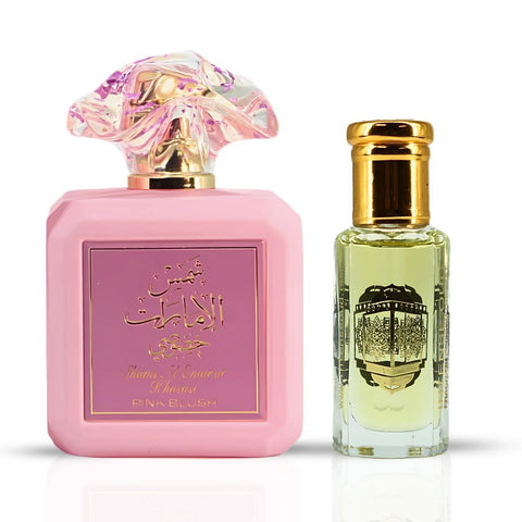 Pink Blush Eau de Parfum spray and Vanilla Musk Perfume Oil bundle by Ard Al Zaafaran, featuring elegant bottles and packaging.