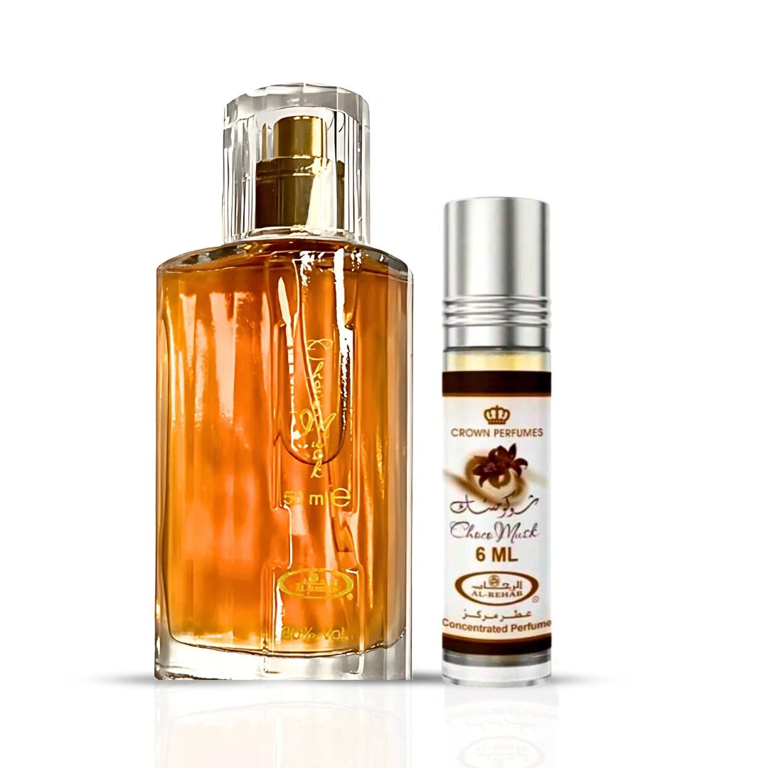 Choco Musk Eau de Parfum Spray 50ml (1.7 oz) & Roll-On 6ml (0.2 oz) by Al Rehab | A Sweet, Cozy Scent Bundle with Vanilla & Rich Chocolate Notes (Bundle) - Intense Oud
