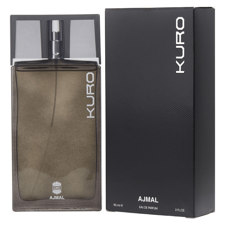 Ajmal Kuro for Men Eau De Parfum bottle, 90ml (3oz), with sleek black packaging and elegant design.