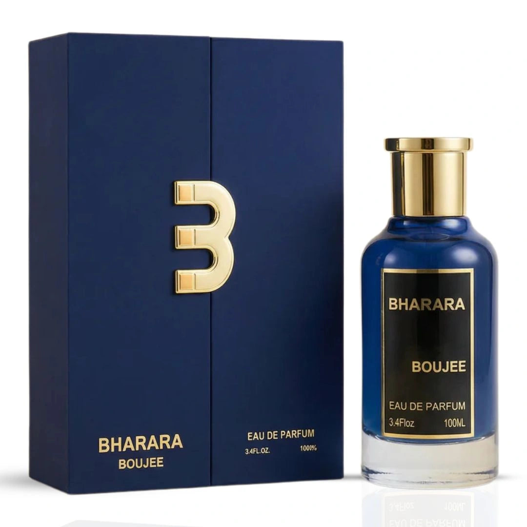 Bharara Boujee Eau de Parfum spray bottle, 100ml, with elegant packaging and the Bharara brand logo visible.