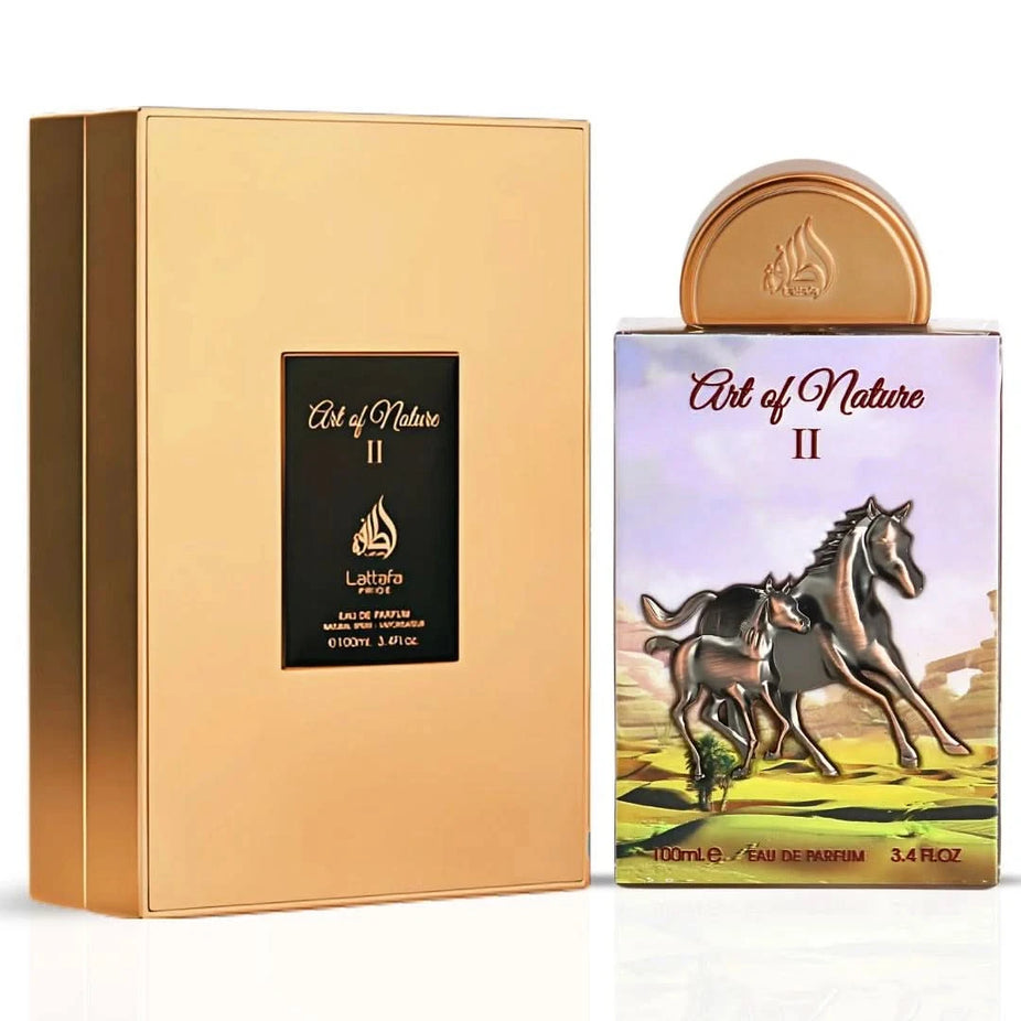 Lattafa Pride Art of Nature II Eau de Parfum spray 100ml featuring a sleek perfume bottle with elegant design