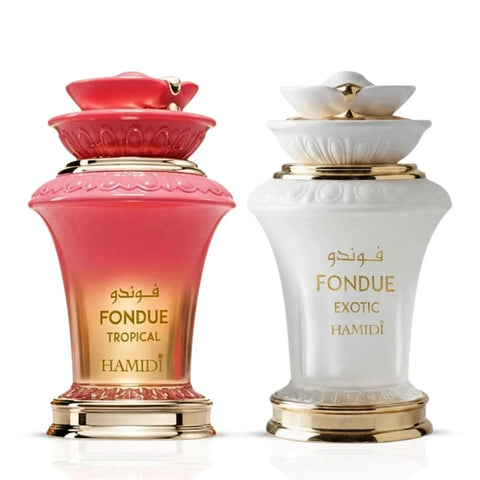 Hamidi Fondue Tropical and Exotic Eau de Parfum Spray bundle, 100ml, featuring two vibrant fragrance bottles in a sleek display.