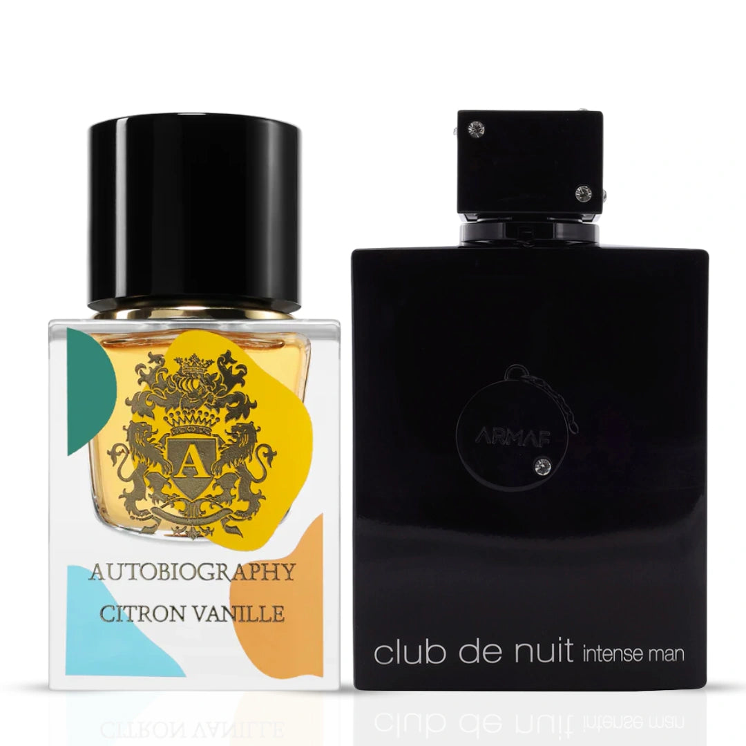 Bundle of Intense Oud Club De Nuit Intense for Men Eau de Toilette and Autobiography Citrone Vanille Eau de Parfum sprays.
