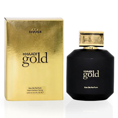 Khaadi Gold Eau de Parfum spray bottle, 100ml, with a gold-colored cap and elegant packaging showing the perfume inside.