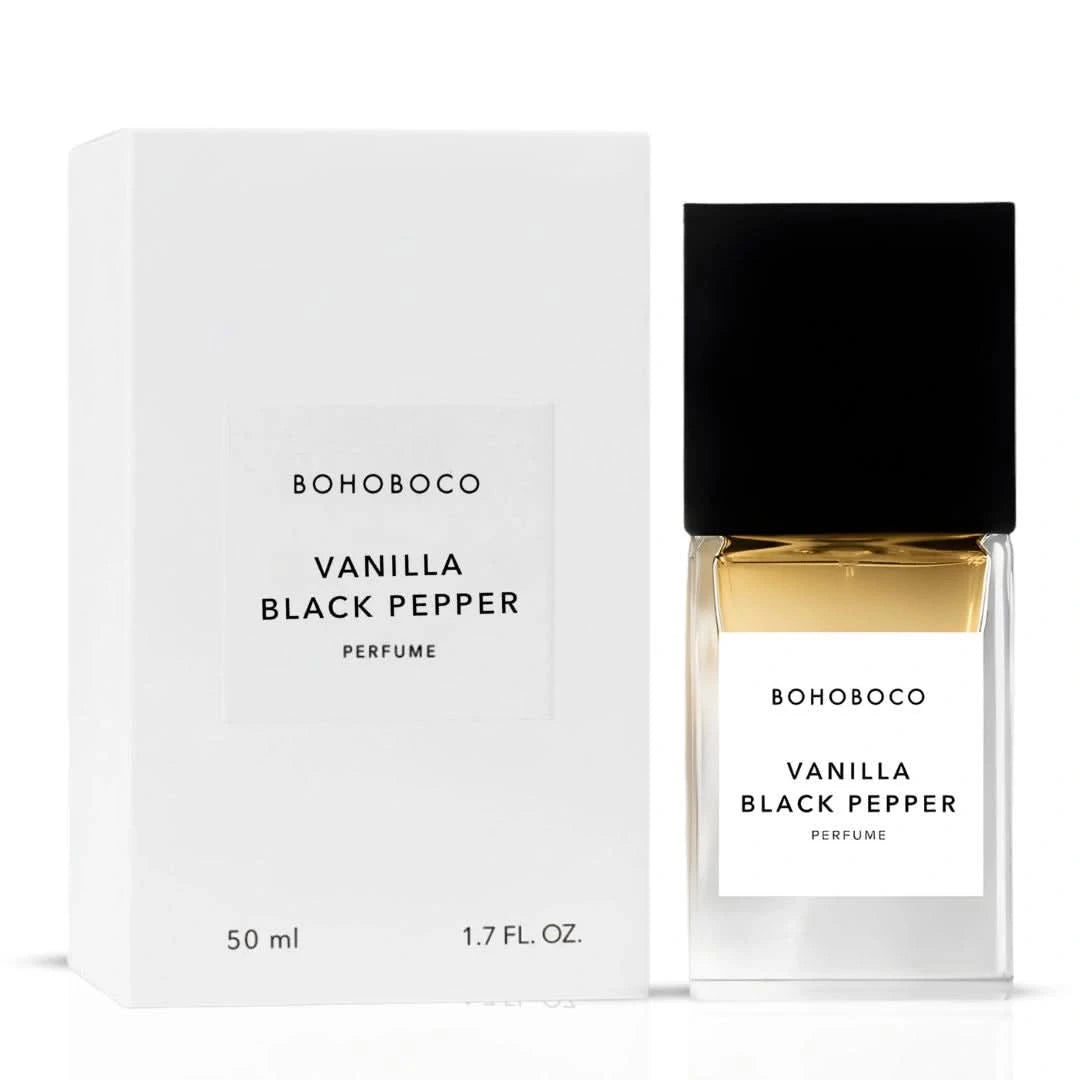 Bohoboco Vanilla Black Pepper Eau de Parfum spray 50ml with sleek bottle design and minimalist packaging.