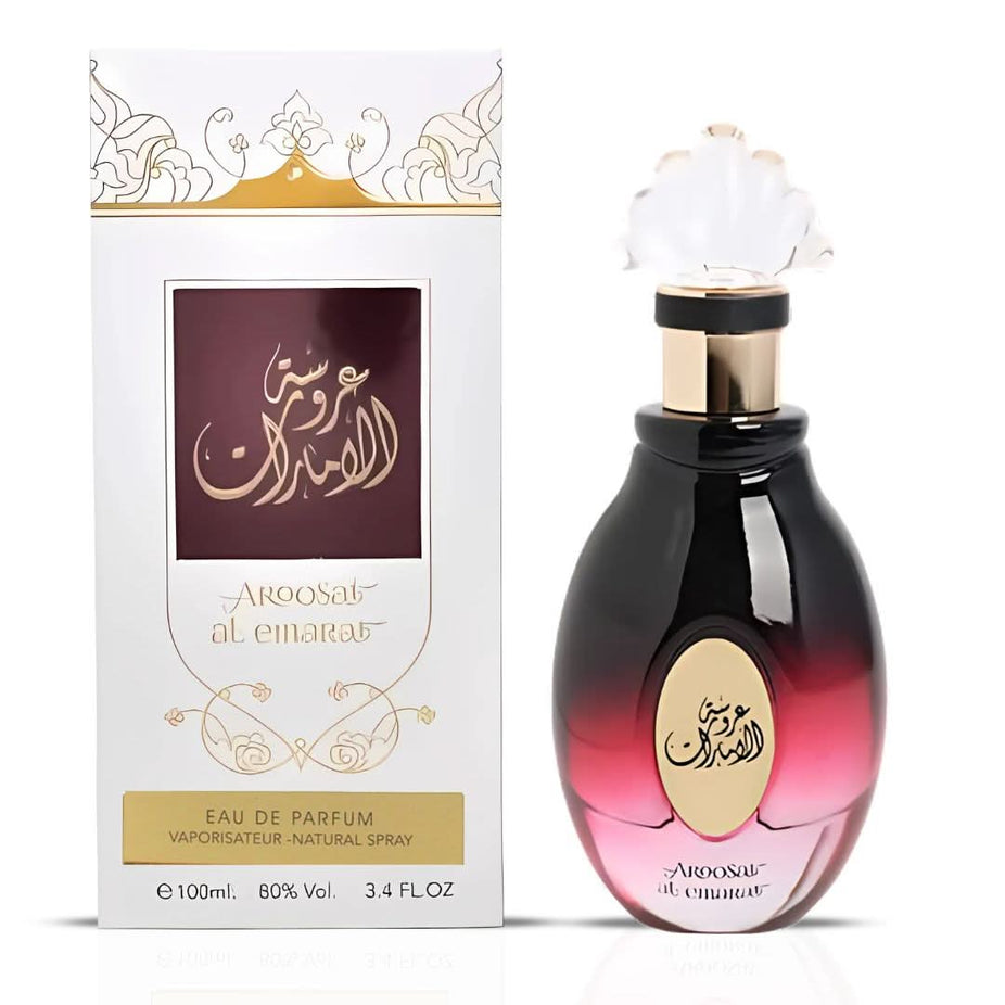 Aroosat Al Emarat Eau De Parfum for women by Ard Al Zaafaran, 100mL bottle with elegant floral design and fragrance details.