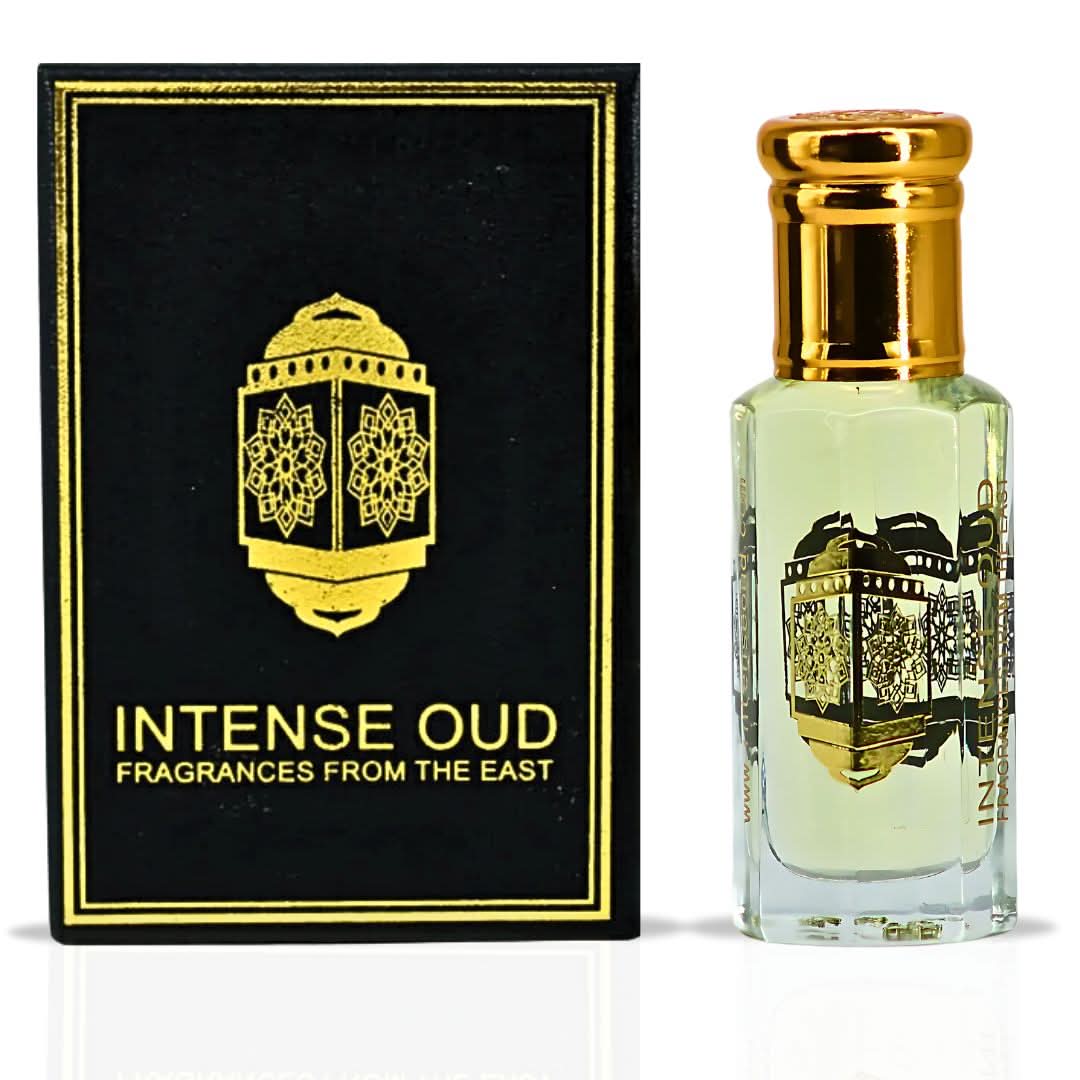 Intense Oud Majnoon Perfume Oil 12ml in black gift box, featuring a clear glass bottle with a black cap and elegant packaging.