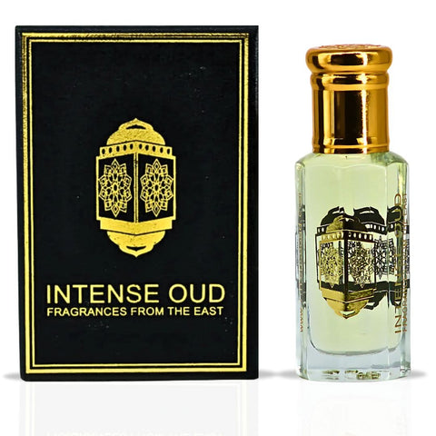 Intense Oud Majnoon Perfume Oil 12ml in black gift box, featuring a clear glass bottle with a black cap and elegant packaging.
