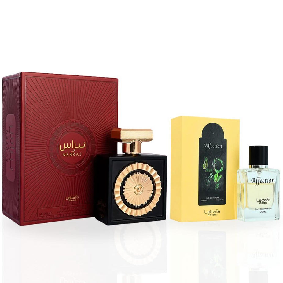 Lattafa Pride Nebras 100ml and Affection 20ml Eau de Parfum spray bundle, showing sleek bottles with elegant packaging