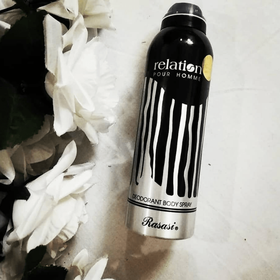Rasasi Relation for Men deodorant spray bottle, 200ML, with sleek packaging and brand logo visible.