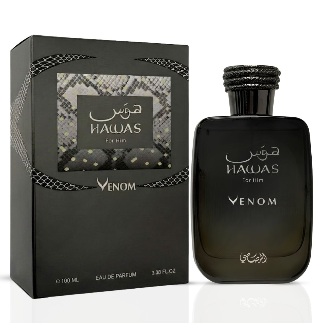 Hawas Venom Eau de Parfum Spray by Rasasi, 100ml bottle with sleek design, showcasing the perfume’s luxurious packaging.