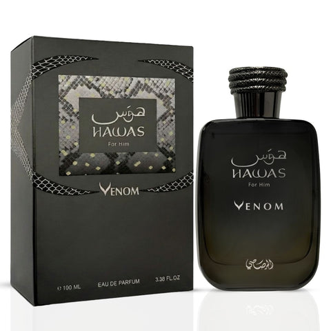 Hawas Venom Eau de Parfum Spray by Rasasi, 100ml bottle with sleek design, showcasing the perfume’s luxurious packaging.