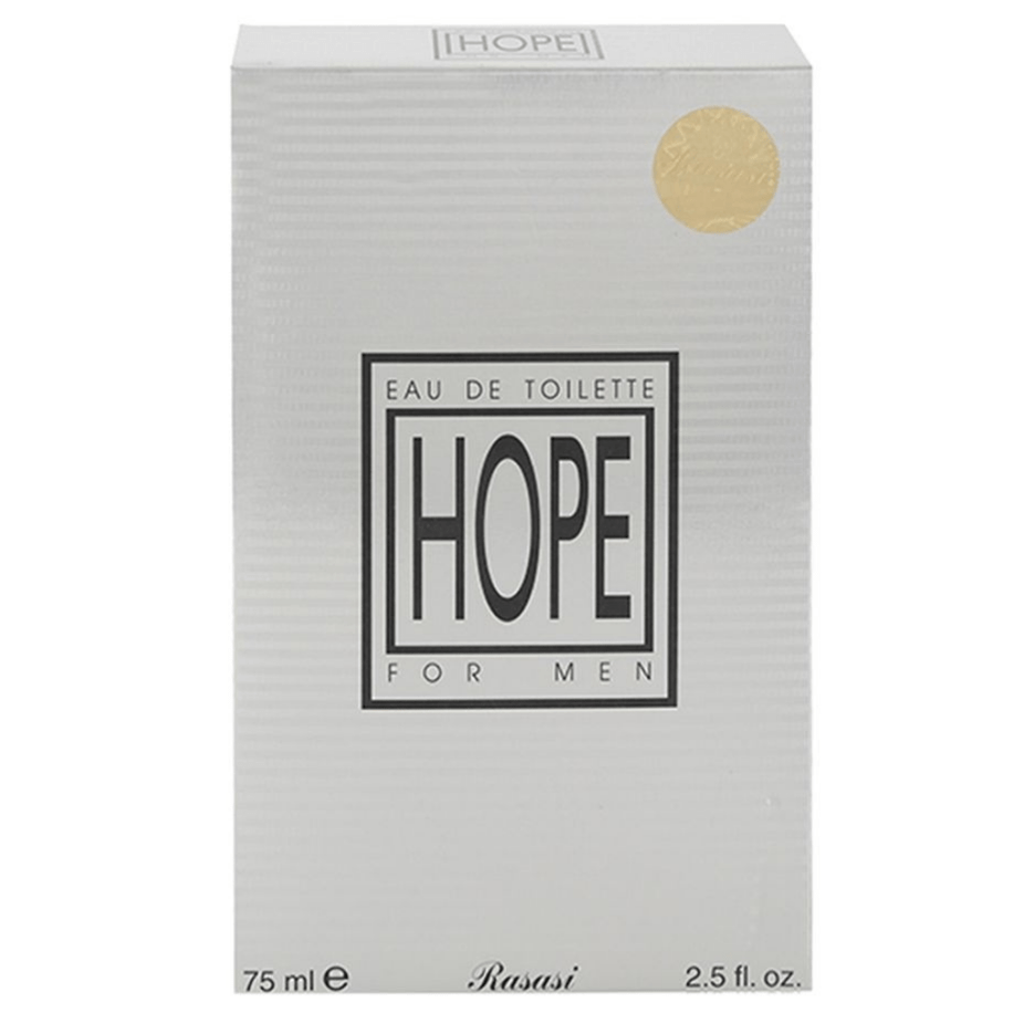 Hope for Men Eau De Parfum by Rasasi in a 75ml bottle, featuring a sleek design and masculine fragrance.