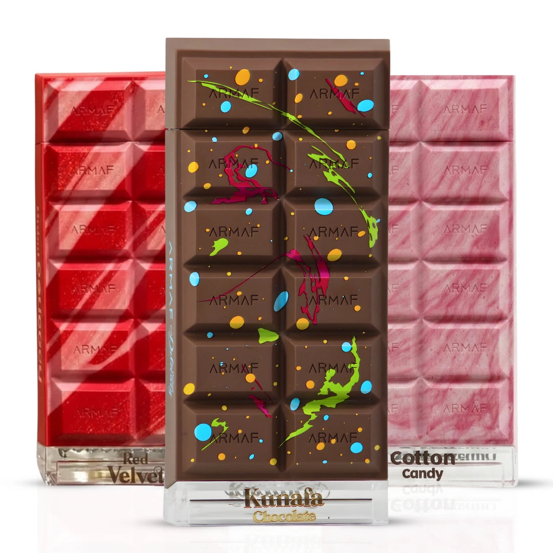 Bundle of Armaf Dubai Delicacy Red Velvet, Kunafa Chocolate, and Cotton Candy Eau de Parfum sprays, 70ml bottles, with colorful packaging.